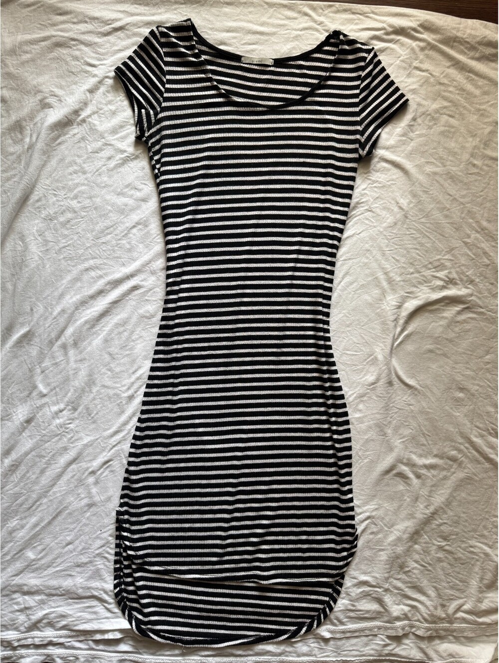 Acemi Black & White Striped Fitted Midi T-shirt Dress Round Neck Short Sleeve, S